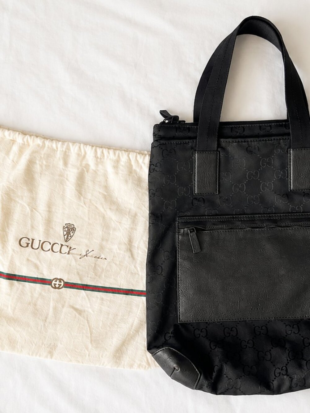 Vintage Gucci 180450 Black GG Monogram Canvas Leather Tote Bag & Dust Bag